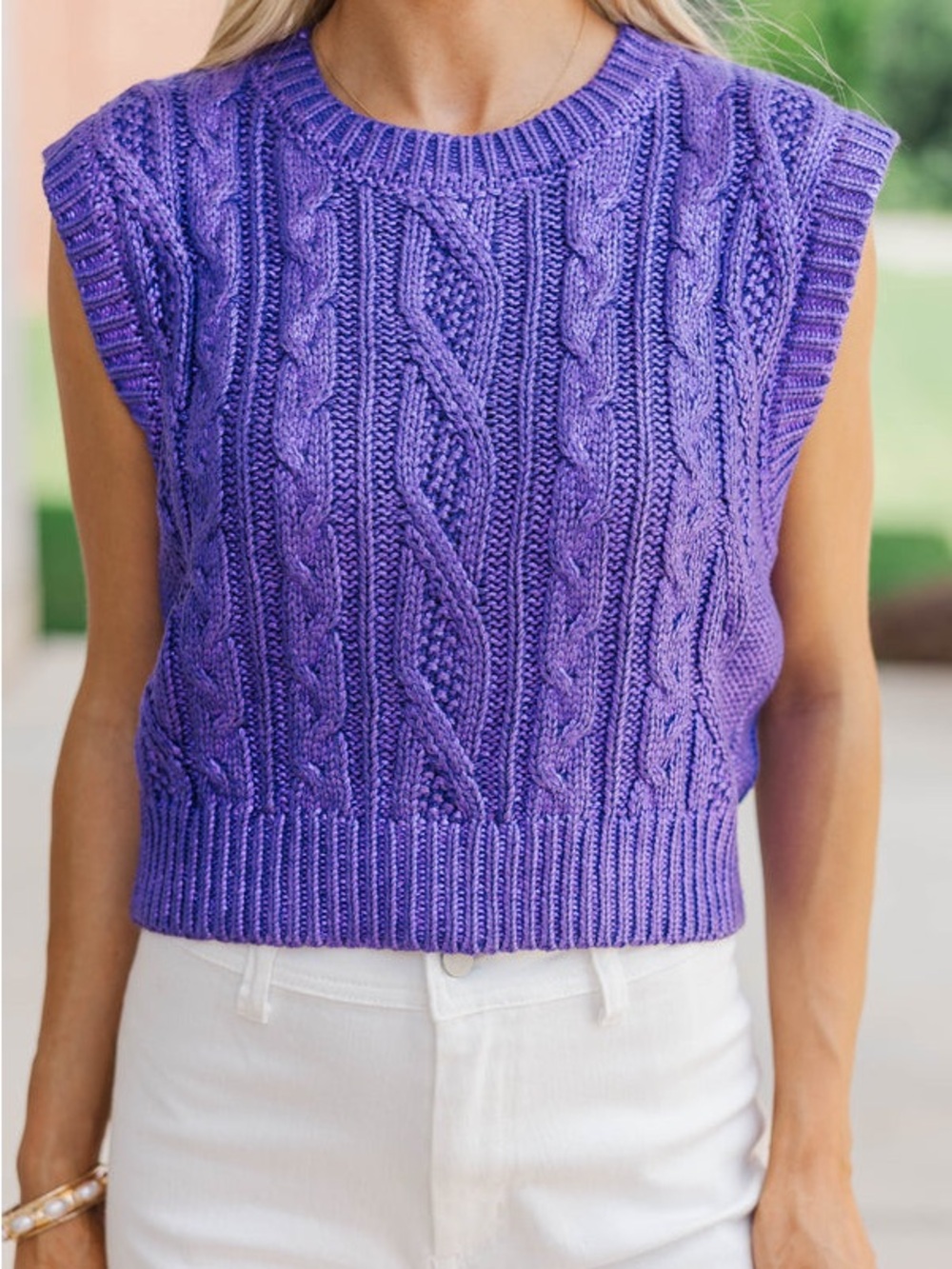 She + Sky Metallic Purple Cable Knit Sleeveless Sweater, LSU Clemson Game day - Picture 3 of 6